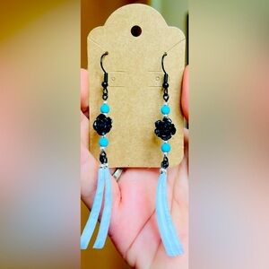 Handmade earrings, black floral, turq howlite, detallium shells, black findings